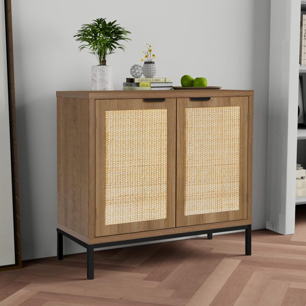 Anmytek Rustic Oak Rattan Storage Cabinet with 2 Doors, Farmhouse Wood Sideboard Buffet with Natural Rattan Texture Kitchen Cabinet H0045