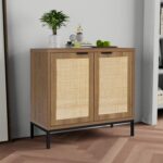 Anmytek Rustic Oak Rattan Storage Cabinet with 2 Doors, Farmhouse Wood Sideboard Buffet with Natural Rattan Texture Kitchen Cabinet H0045