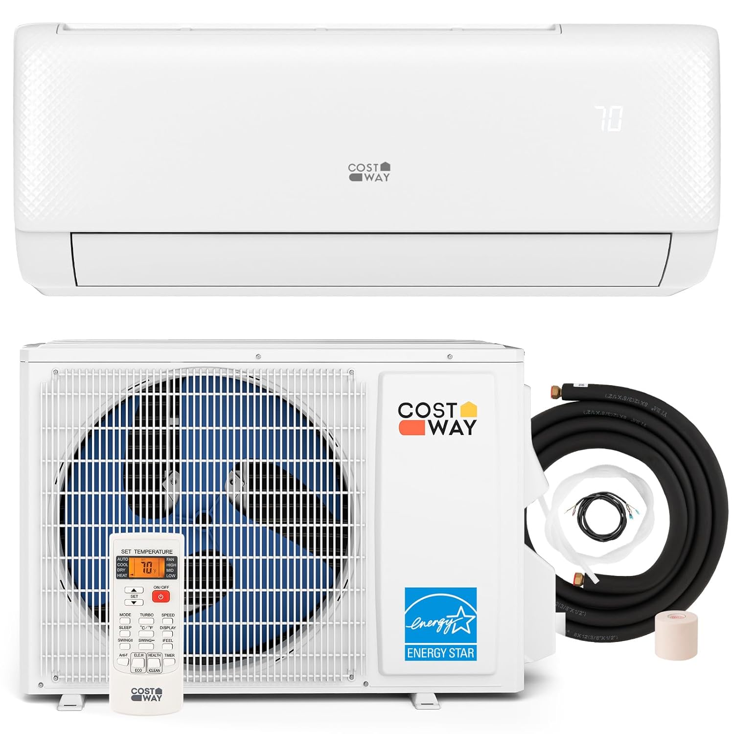 COSTWAY 18,000 BTU Mini Split Air Conditioner, Energy Star, with Heat Pump, 21 SEER2 Inverter Split AC Unit with 24H Timer, Remote Control for Rooms up to 1250 Sq.Ft (Airtural...