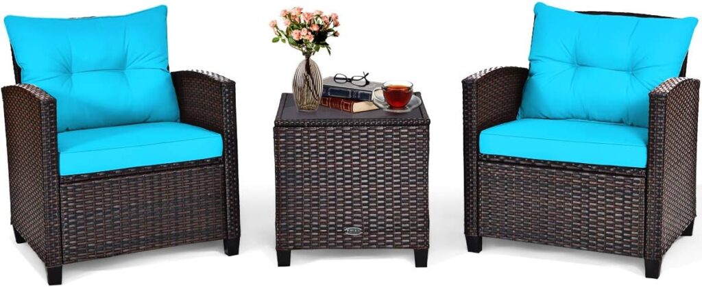 COSTWAY 3PCS Patio Furniture Set, PE Rattan Wicker Sofa w/Washable Cushion and Coffee Table, Tempered Glass Tabletop, Outdoor Conversation Set for Balcony, Porch, Yard,...