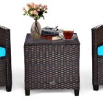 COSTWAY 3PCS Patio Furniture Set, PE Rattan Wicker Sofa w/Washable Cushion and Coffee Table, Tempered Glass Tabletop, Outdoor Conversation Set for Balcony, Porch, Yard,...
