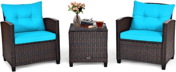 COSTWAY 3PCS Patio Furniture Set, PE Rattan Wicker Sofa w/Washable Cushion and Coffee Table, Tempered Glass Tabletop, Outdoor Conversation Set for Balcony, Porch, Yard,...