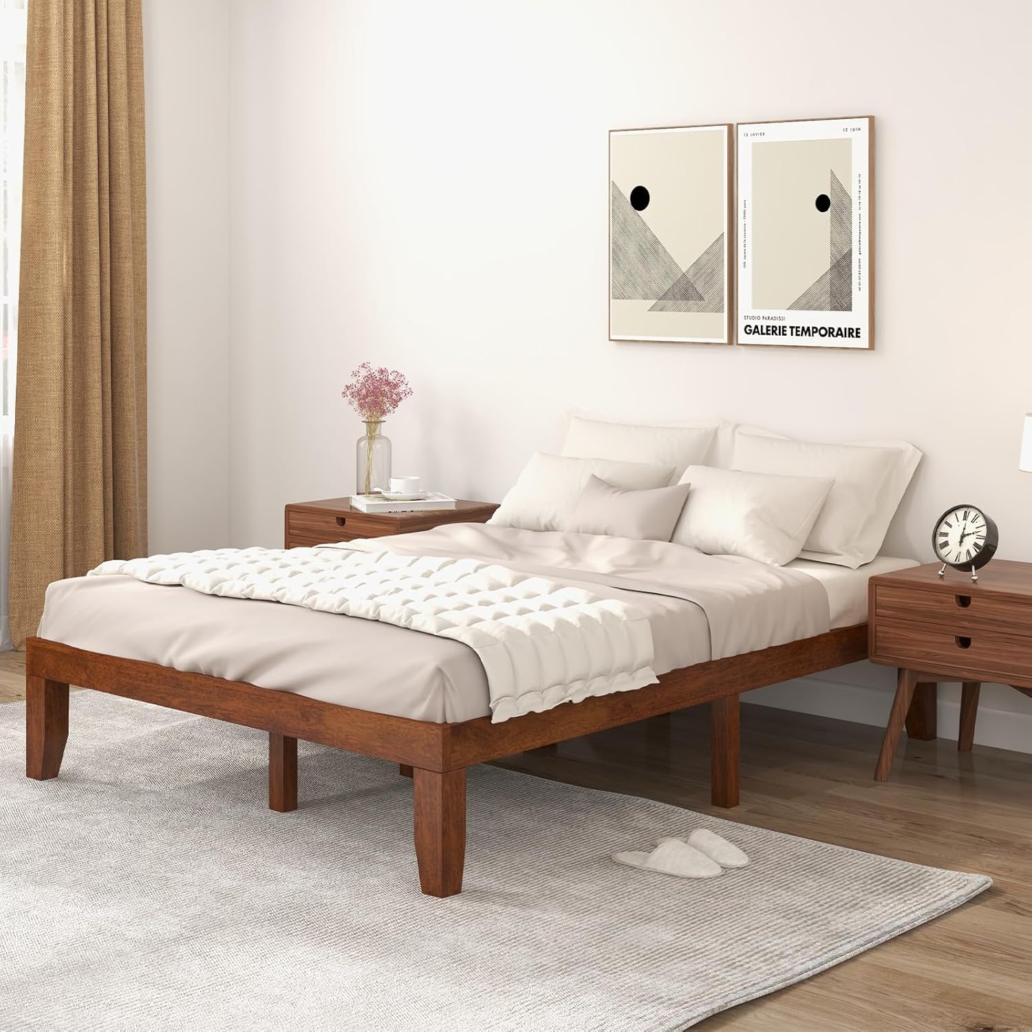 COSTWAY Full Size Wood Platform Bed Frame, 14 Inches Solid Rubber Wood Bed Mattress Foundation with Sturdy Slats Support, Easy Assembly Bed Frame for Home Hotel, No Box Spring...