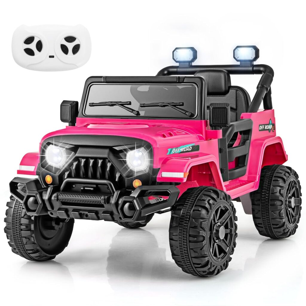 Costzon 12V Kids Ride on Truck Car, Electric Vehicle w/Remote Control, Threaded Wheels, 3 Speeds, LED Lights, Music, Horn & Wireless Connection, Battery Powered Ride on Toy for...