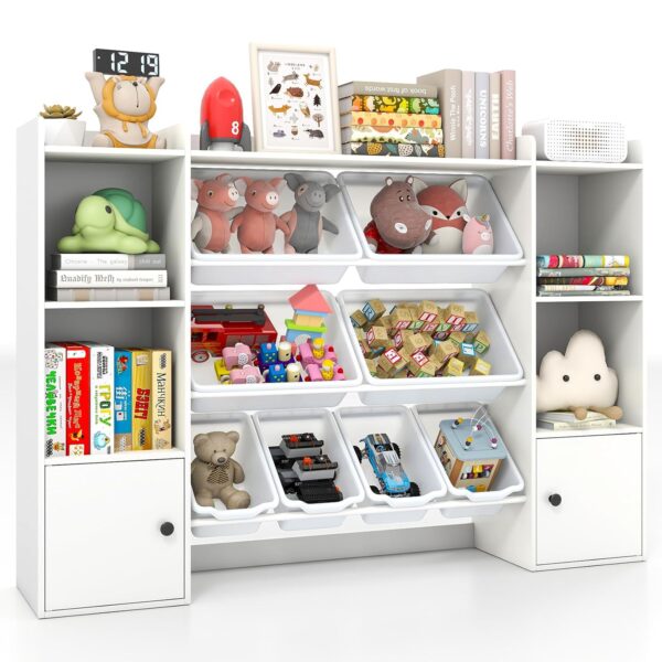 Costzon 56" Toy Storage Organizer w/ 8 Removable Bins, Kids Bookshelf and Toy Storage w/ 2 Cabinets, 4-Tier Toddler Book Shelf for Classroom, Living Room, Kids Room, Playroom