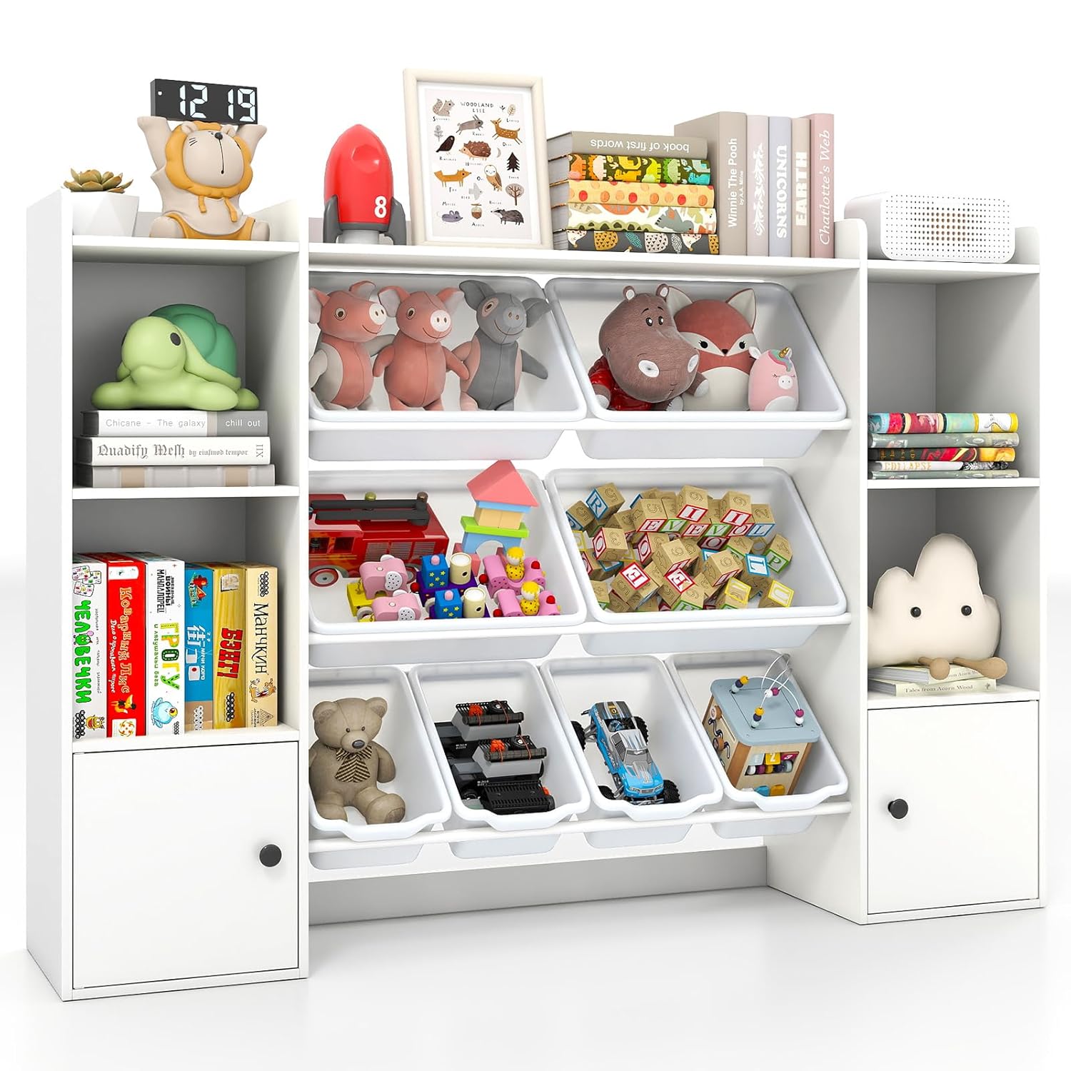Costzon 56" Toy Storage Organizer w/ 8 Removable Bins, Kids Bookshelf and Toy Storage w/ 2 Cabinets, 4-Tier Toddler Book Shelf for Classroom, Living Room, Kids Room, Playroom