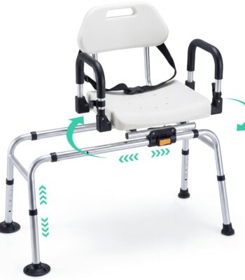 Giantex Sliding Shower Chair with Swivel Seat, Adjustable Height Tub Transfer Bench with Flip-Up Padded Armrests, Safety Belt, Wide Water-Draining Seat & Non-Slip Suction Feet...