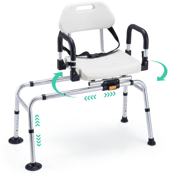 Giantex Sliding Shower Chair with Swivel Seat, Adjustable Height Tub Transfer Bench with Flip-Up Padded Armrests, Safety Belt, Wide Water-Draining Seat & Non-Slip Suction Feet...
