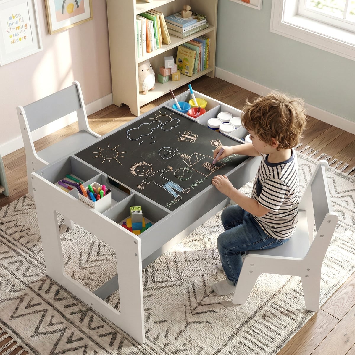 Multifunctional Kids Table And 2 Chairs Set With Whiteboard Gray White - Kuiwee.com