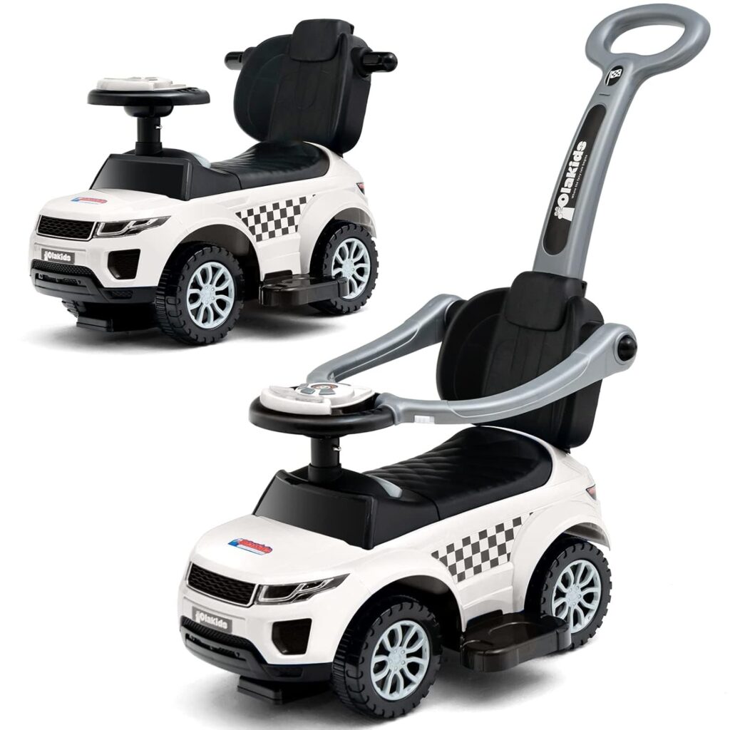 OLAKIDS 4 in 1 Ride on Push Car, Toddlers Stroller Sliding Walking Toy with Horn, Music, Lights, Removable Guardrails Handle, Underneath Storage, Foot-to-Floor Walker for Boys...