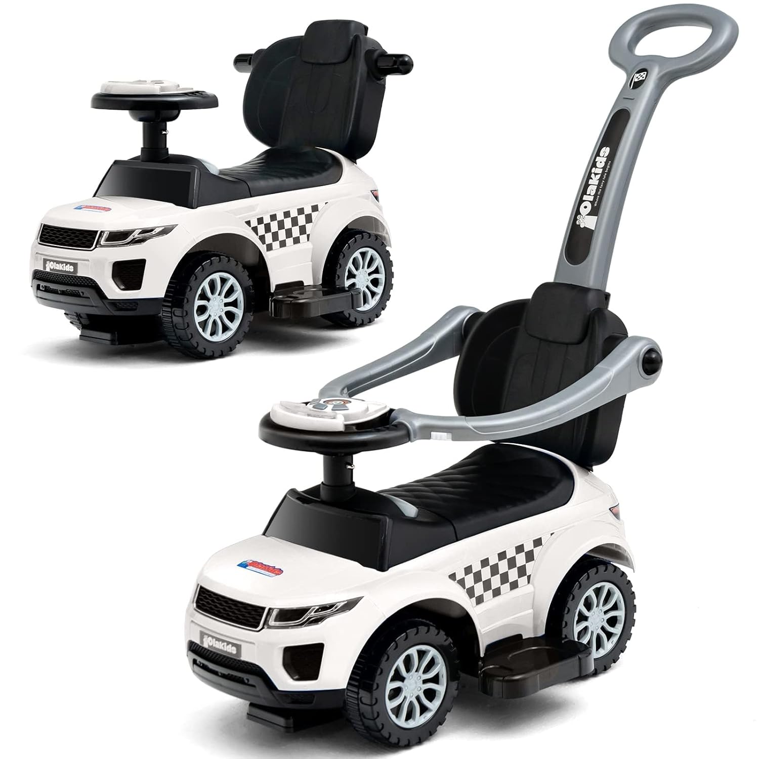 OLAKIDS 4 in 1 Ride on Push Car, Toddlers Stroller Sliding Walking Toy with Horn, Music, Lights, Removable Guardrails Handle, Underneath Storage, Foot-to-Floor Walker for Boys...
