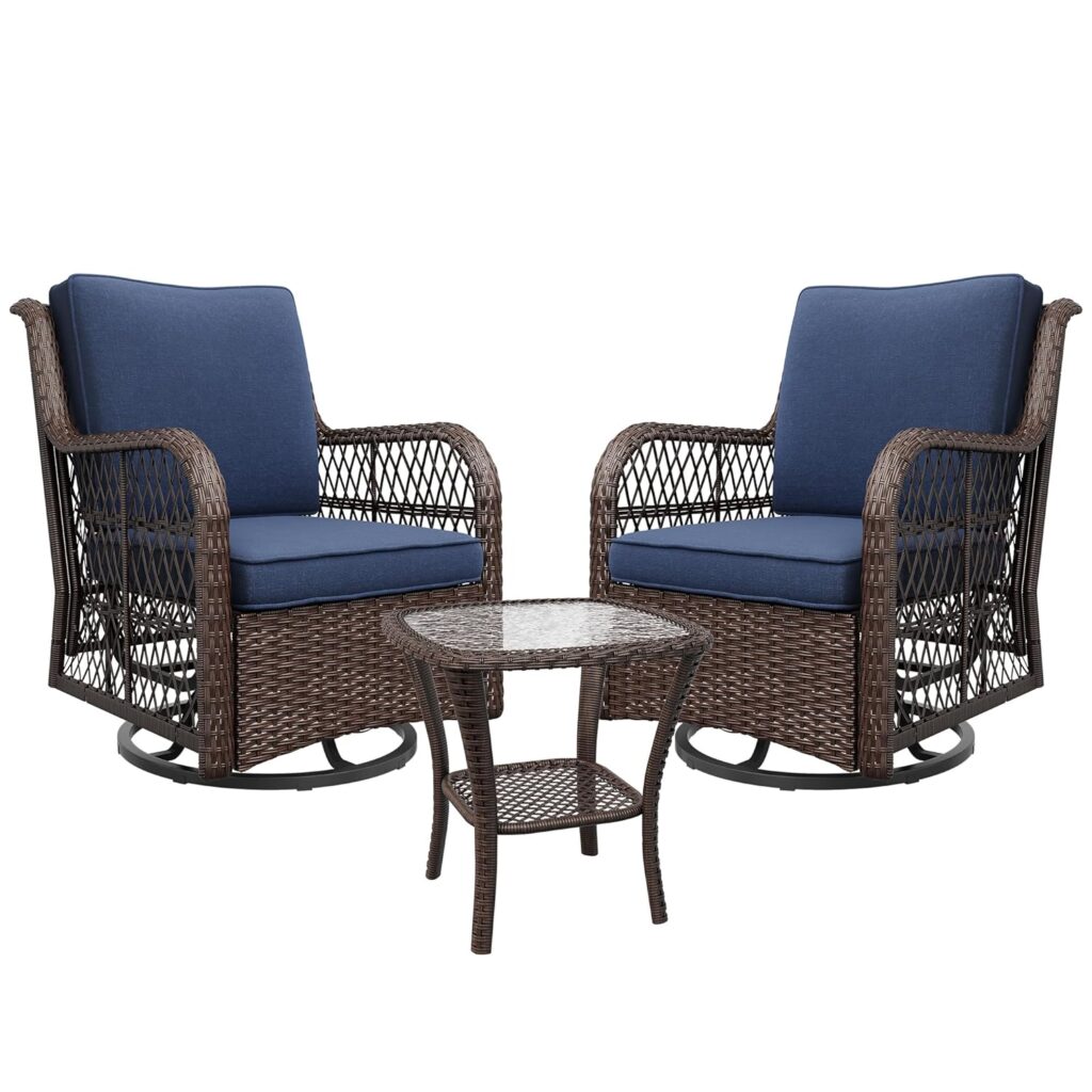 Outdoor Swivel Rocker Patio Chairs Set of 3, Wicker Rattan Patio Furniture with Side Table and Thick Cushions for Backyard, Porch, Balcony