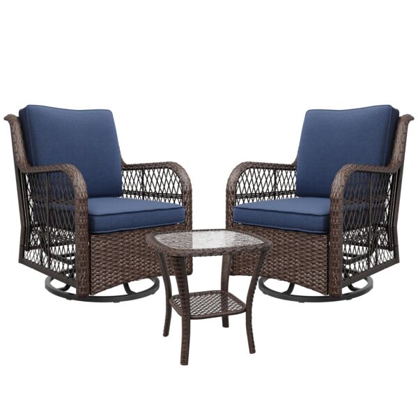 Outdoor Swivel Rocker Patio Chairs Set of 3, Wicker Rattan Patio Furniture with Side Table and Thick Cushions for Backyard, Porch, Balcony