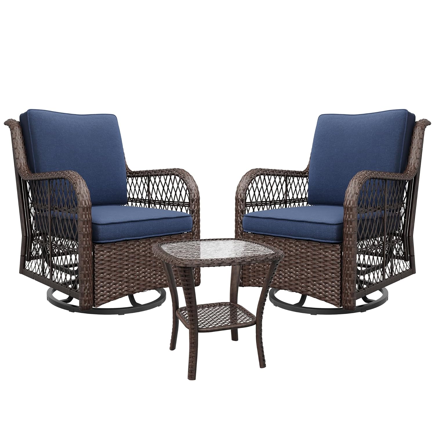 Outdoor Swivel Rocker Patio Chairs Set of 3, Wicker Rattan Patio Furniture with Side Table and Thick Cushions for Backyard, Porch, Balcony