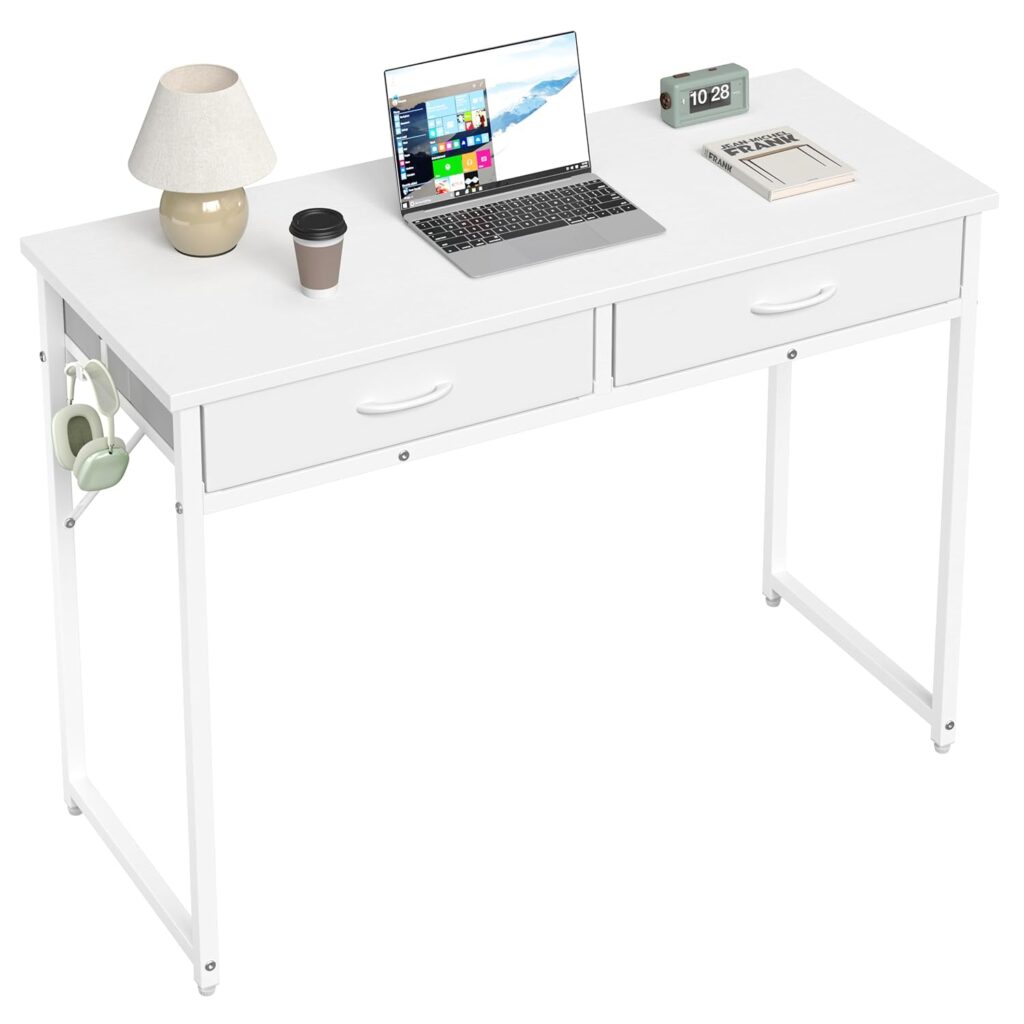 Pinmoco42 inch Writing Desk with 2 Fabric Drawers& RGB LED Light, Study with Hanging Hook for Small Spaces, Home Office, White