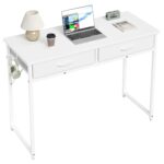 Pinmoco42 inch Writing Desk with 2 Fabric Drawers& RGB LED Light, Study with Hanging Hook for Small Spaces, Home Office, White