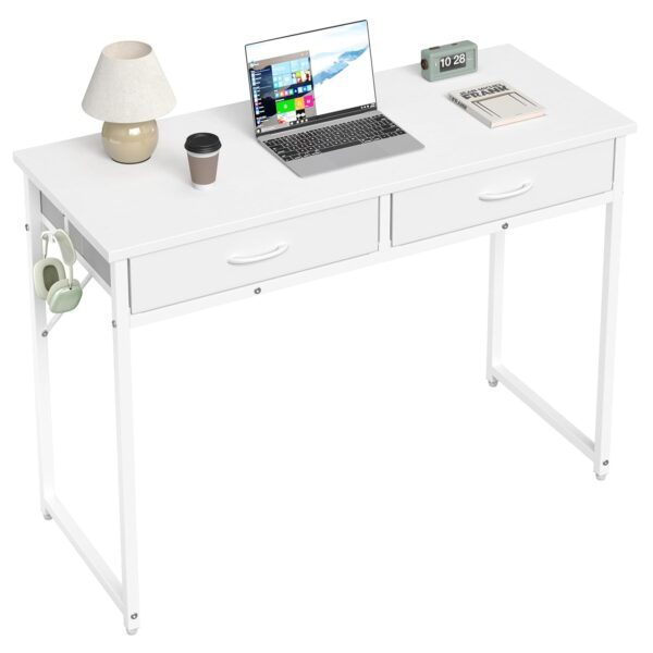 Pinmoco42 inch Writing Desk with 2 Fabric Drawers& RGB LED Light, Study with Hanging Hook for Small Spaces, Home Office, White