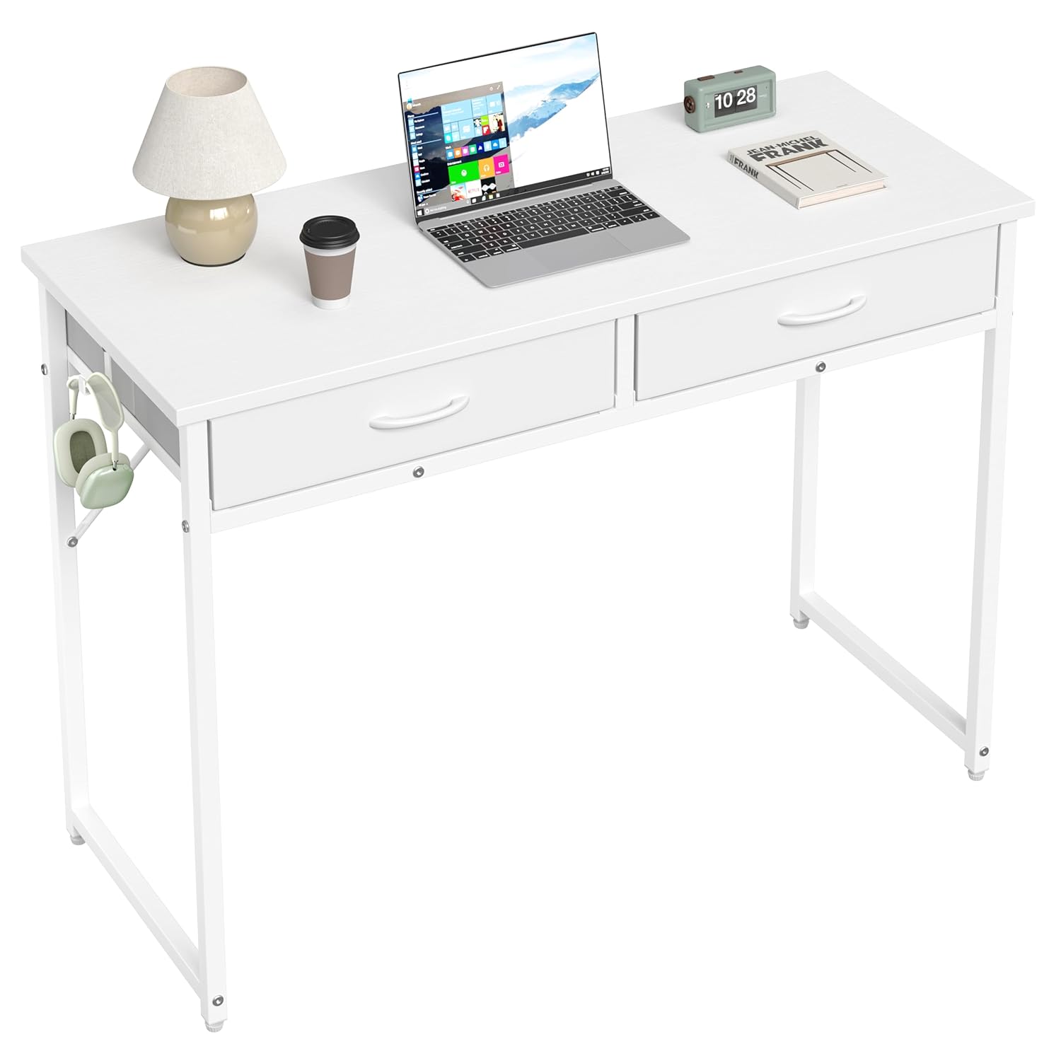 Pinmoco42 inch Writing Desk with 2 Fabric Drawers& RGB LED Light, Study with Hanging Hook for Small Spaces, Home Office, White