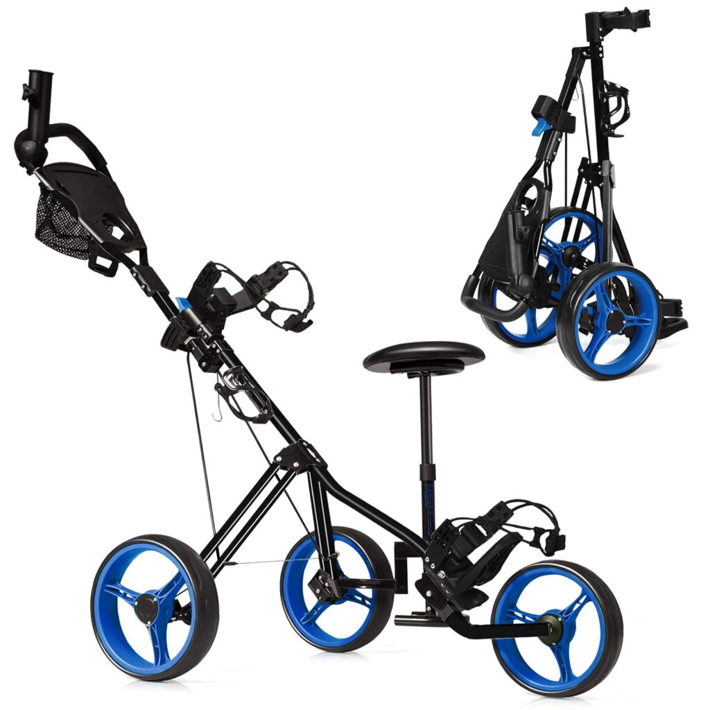 Tangkula Golf Push Pull Cart with Seat, Lightweight Foldable Collapsible 3 Wheels Golf Walking Push Cart, Lockable Golf Trolley with Scoreboard Bag Foot Brake, Cup & Umbrella...